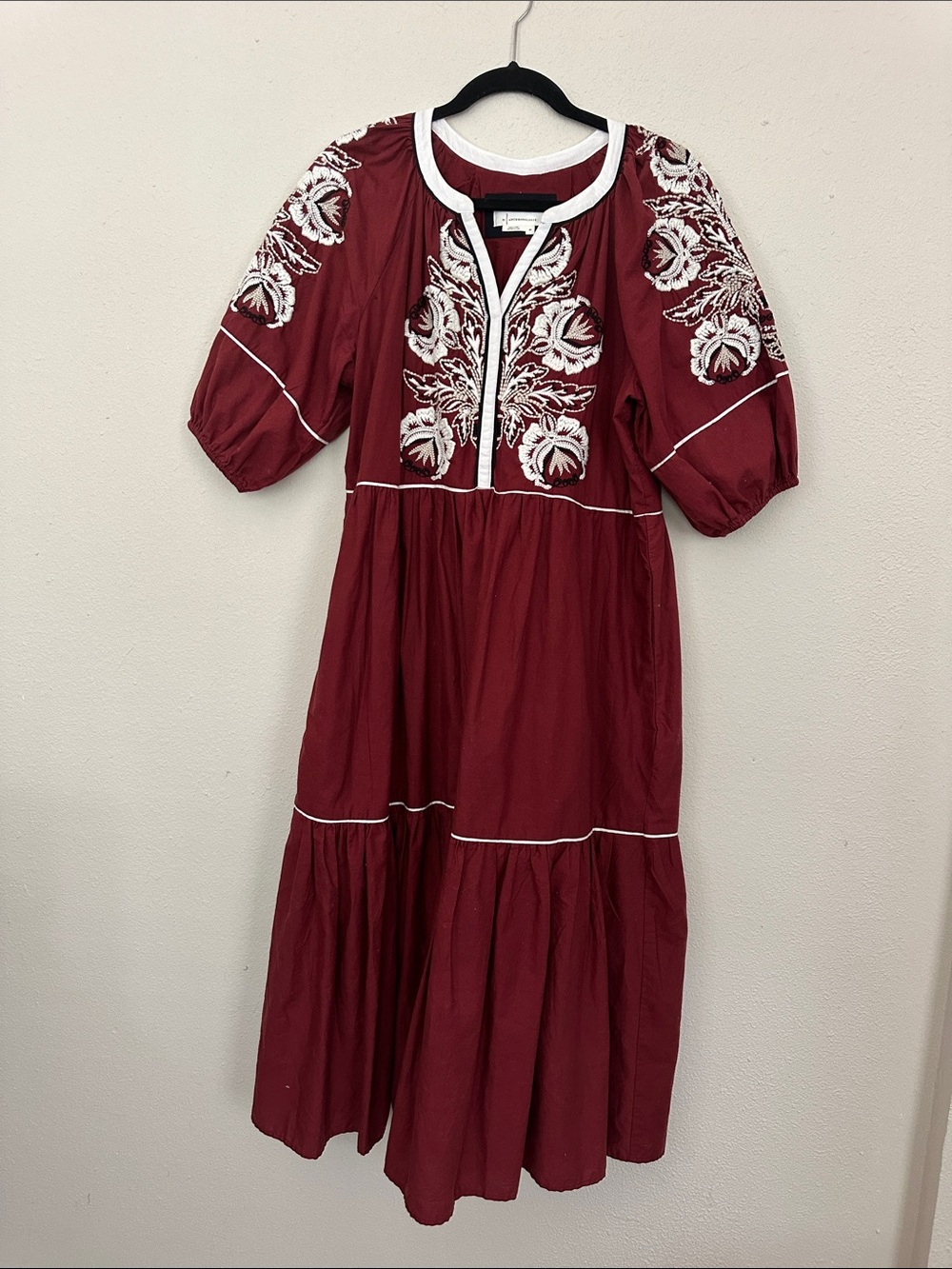 Anthropologie Embroidered Tiered Midi Dress in Deep Wine Red